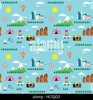 Seamless pattern of travelling theme on blue background Stock Vector