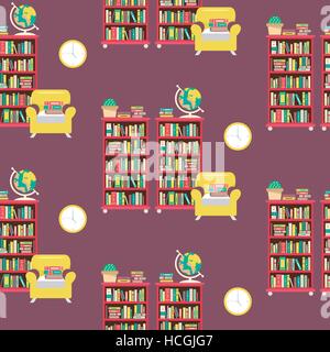 Library scene illustration in flat design style with bookshelves Stock Vector