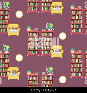 Library scene illustration in flat design style with bookshelves Stock Vector
