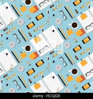 Seamless pattern of workplace objects in flat design style over blue background Stock Vector