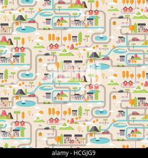 Seamless patter of cartoon downtown illustration in flat line style Stock Vector