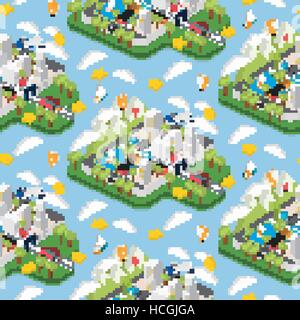 Seamless pattern of modern city scene illustration on blue background Stock Vector