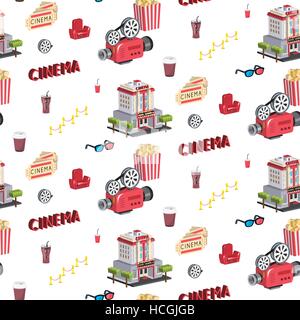 Seamless pattern of cinema icons illustration over white background Stock Vector