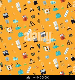 Seamless pattern of electricity related flat icons set over yellow background Stock Vector