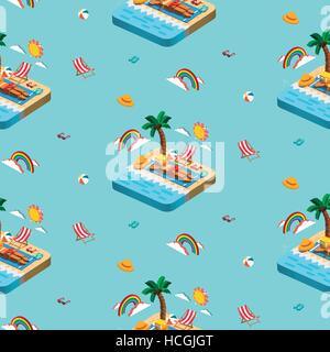 Seamless pattern of summer recreation concept 3d isometric infographic with sunbathing scene on blue background Stock Vector