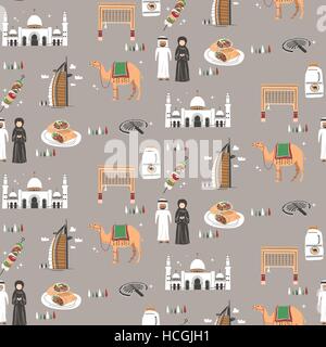 Seamless pattern of Dubai travel concept in flat design style Stock Vector