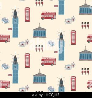 Seamless pattern of England travel concept in flat design style Stock Vector