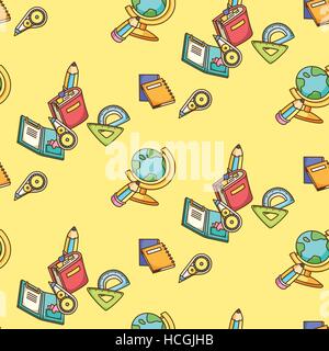 Set of different school items in seamless pattern on yellow background Stock Vector
