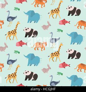 Seamless pattern of animal set on blue background in flat design style Stock Vector