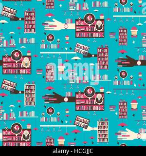 Library scene illustration in flat design style with bookshelves over blue background Stock Vector