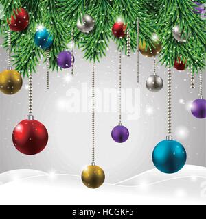 colorful and sparkling Christmas decorations over snowy background Stock Vector