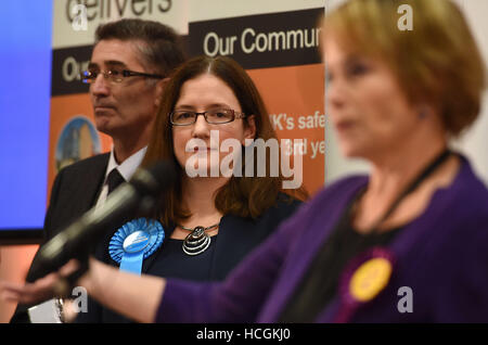 Conservative candidate Dr Caroline Johnson looks on as UKIP candidate Victoria Ayling (right) gives a speech at One NK in North Hykeham, Lincolnshire, during the by-election triggered by the resignation of Conservative MP Stephen Phillips. Stock Photo