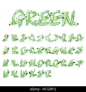 liquid green alphabets and numbers collection isolated on white background Stock Vector