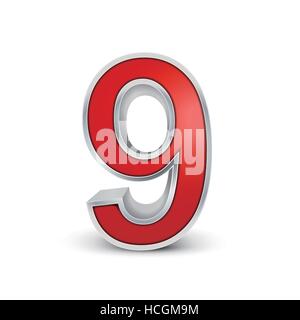 3d red metallic number 9 isolated on white background Stock Vector