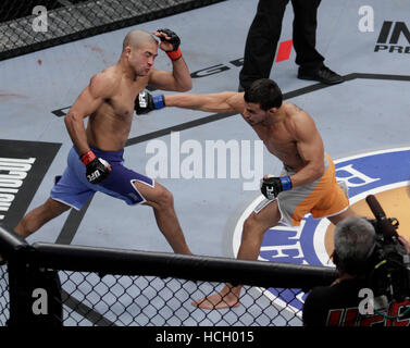 Diego Brandao, left, fights Dennis Bermudez at The Ultimate Fighter 14 Finale at the Palms in Las Vegas, Nevada on Saturday, December 3, 2011. Photo by Francis Specker Stock Photo