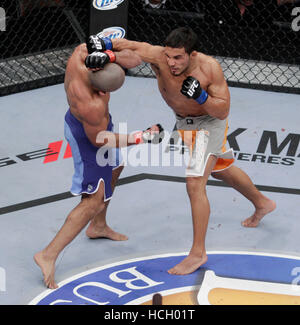 Diego Brandao, left, fights Dennis Bermudez at The Ultimate Fighter 14 Finale at the Palms in Las Vegas, Nevada on Saturday, December 3, 2011. Photo by Francis Specker Stock Photo