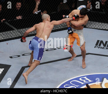 Diego Brandao, left, fights Dennis Bermudez at The Ultimate Fighter 14 Finale at the Palms in Las Vegas, Nevada on Saturday, December 3, 2011. Photo by Francis Specker Stock Photo