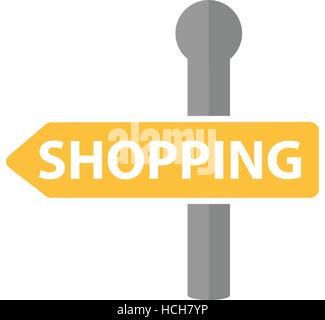 Signpost with the inscription shopping icon, flat design. Road sign, arrow  isolated on white background. Vector illustration, clip art Stock Vector