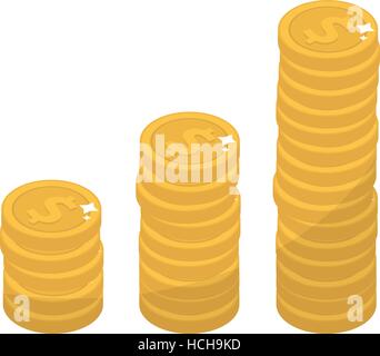 Coin stacks, flat design. Gold coins increase up, cent, isolated on white background. Evolution income. Vector illustration, clip art Stock Vector