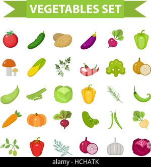 Vegetable icon set, flat, cartoon style. Fresh vegetables and herbs isolated on white background. Farm products, vegetarian food. Cabbage, beets, peppers, greens, potatoes. Vector illustration Stock Vector