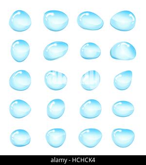 Water drops, splashes set. Raindrops isolated on white background. Cartoon drop different shapes. Vector illustration, clip art. Stock Vector