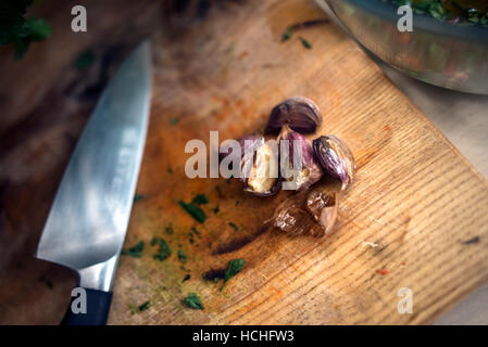 Food on rustic chopping board. Shot from above. Stock Photo