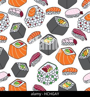 A vector illustration seamless pattern of sushi theme. Stock Vector