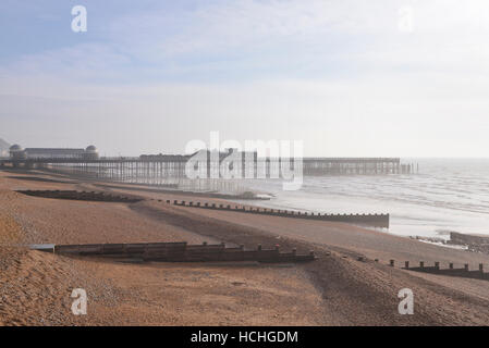 Hastings pier, misty morning, Hastings UK Stock Photo