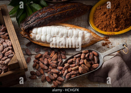 Cocoa beans and cocoa pod with cocoa powder on a wooden surface. Stock Photo