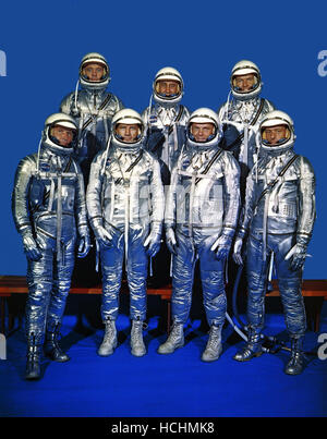 Original 7 astronauts in Mercury space suits photographed on December 3, 1962. Front row, left to right, are Walter M. Schirra Jr., Donald K. Slayton, John H. Glenn, Jr., and M. Scott Carpenter. Back row, from the left, are Alan B. Shepard Jr., Virgil I.Grissom and L. Gordon Cooper Jr. EDITOR'S NOTE: Since this photo was made: Grissom died on January 27, 1967, in the Apollo 1/Saturn 204 fire at Cape Kennedy, Florida; Slayton died June 13, 1993 in League City, Texas, from complications of a brain tumor. Shepard died on July 21, 1998. Cooper died October 4, 2004. Schirra died on May 2, 2007 A Stock Photo