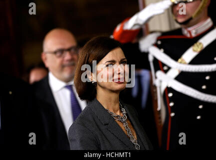 Rome, Italy. 8th Dec, 2016. President of the Italian Chamber of Deputies Laura Boldrini leaves at the end of the first day of consultations with Italian President Sergio Mattarella at the Quirinale Palace in Rome, Italy, Dec. 8, 2016. Italian Prime Minister Matteo Renzi formally handed in his resignation to Mattarella after the country's 2017 budget was approved in Senate. The resignation now opened the way for the president to launch a round of talks with all party leaders in order to name a new prime minister, and form a transition government. © Jin Yu/Xinhua/Alamy Live News Stock Photo