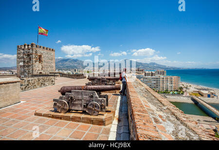 Spain, Andalusia, Province of Malaga, Costa del Sol, Fuengirola, ancient cannons on the battlements of medieval Sohail Castle Stock Photo