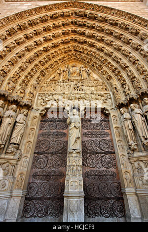 The Portal of the Last Judgement,  Notre Dame Cathedral,  Île de la Cité, Paris, France. Stock Photo