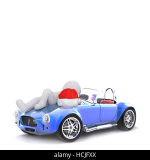 3d man relaxing on the bonnet of his sports car with a red Christmas Santa hat alongside him, rendered illustration on white Stock Photo