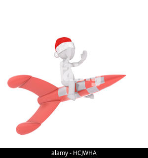 Happy little 3d man riding on a red rocket clapping his hands in excitement while wearing a red Santa hat for Christmas, rendered illustration on whit Stock Photo