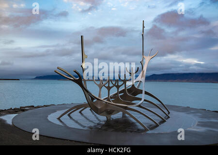 The Sun Voyager sculpture by Jón Gunnar Árnason on the waterfront in Reykjavik, Iceland. Stock Photo