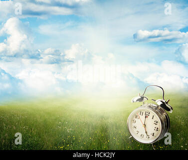 Alarm clock in sunlit spring field Stock Photo