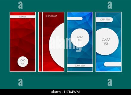 Cover template. Vertical low polygonal vector design. Brochure page background. Abstract blue and red color booklet layout. Stock Vector