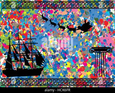 Santa's sleigh fly over abstract background with colorful ink splat and greek symbols, vector illustration Stock Vector