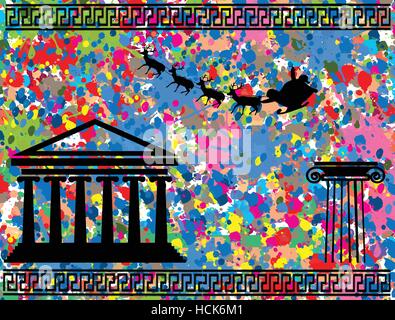 Santa's sleigh fly over abstract background with colorful ink splat and greek symbols, vector illustration Stock Vector