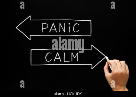 Hand drawing Panic or Calm concept with white chalk on blackboard. Stock Photo