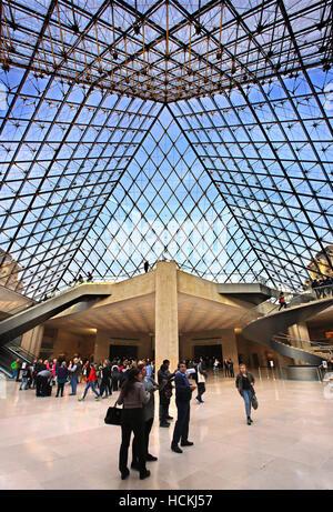 At the main entrance of Louvre museum, under the famous glass Pyramid. Paris, France. Stock Photo