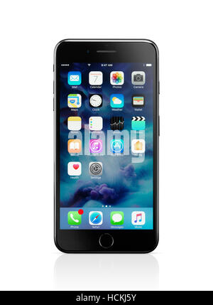 Apple iPhone 7 Plus black with desktop icons on its display isolated on white background with clipping path Stock Photo