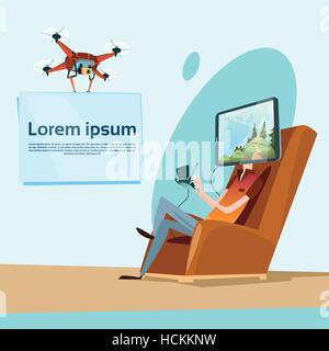 Man Play Computer Video Game Cell Smart Phone Head Social Network Communication Stock Vector