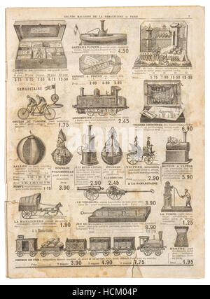Vintage victorian toys collection. Old engraved picture.  Antique googs shop advertising, page of original shopping catalog La Samaritaine, Paris, Fra Stock Photo