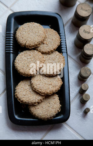 Hand Made oatcakes on rectangular dish Stock Photo