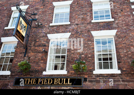 'The Pied Bull' pub sign in the historic city of Chester, England, UK. Stock Photo