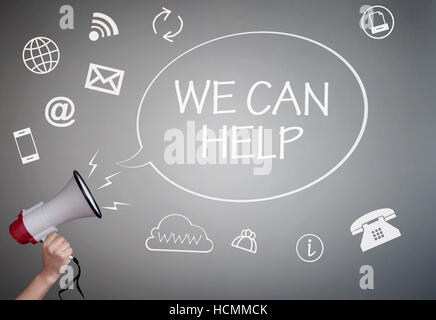 We can help handwritten message surrounded by icons Stock Photo