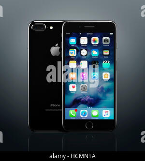 Apple iPhone 7 Plus black front and back with desktop icons on its display isolated on dark gray background Stock Photo