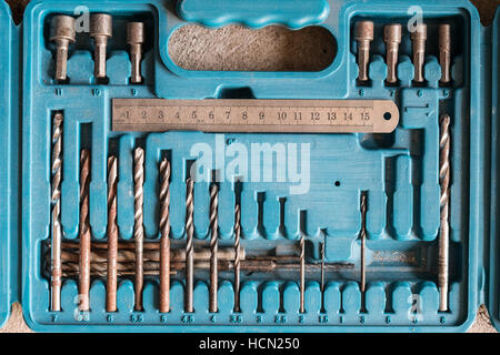 vintage drill bits / drill bit set in toolbox Stock Photo